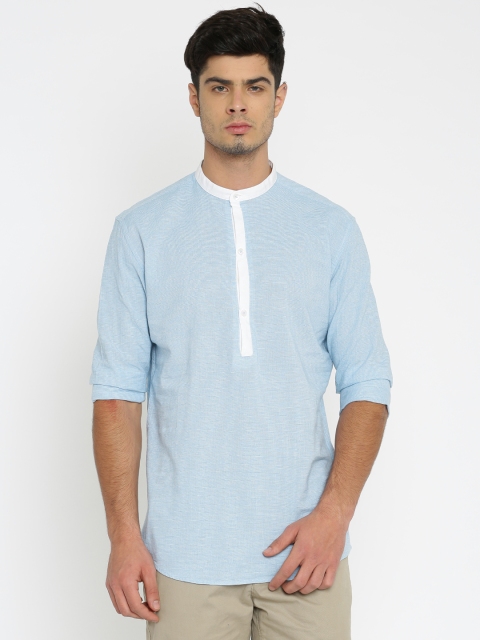 

British Club Men Blue & White Woven Design Straight Short Kurta