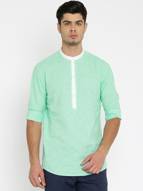 

British Club Men Green & White Woven Design Straight Short Kurta