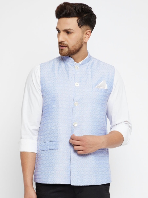 

VASTRAMAY Men Blue & White Printed Slim Fit Woven Nehru Jacket