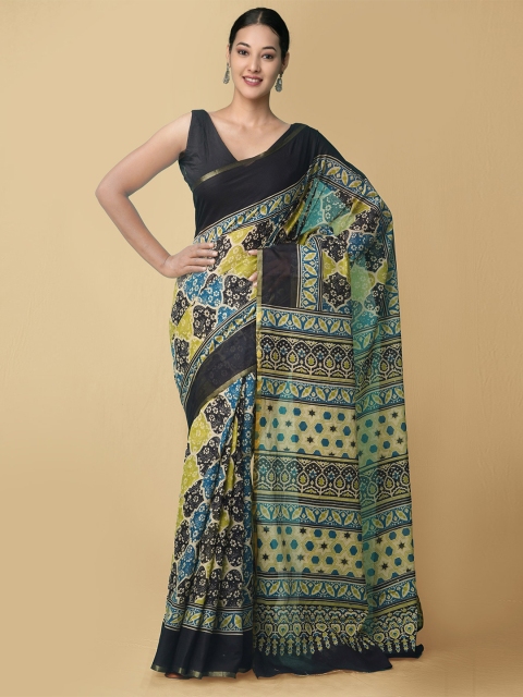 

Unnati Silks Women Green & Black Pure Ajrakh Mulmul Cotton Sustainable Saree