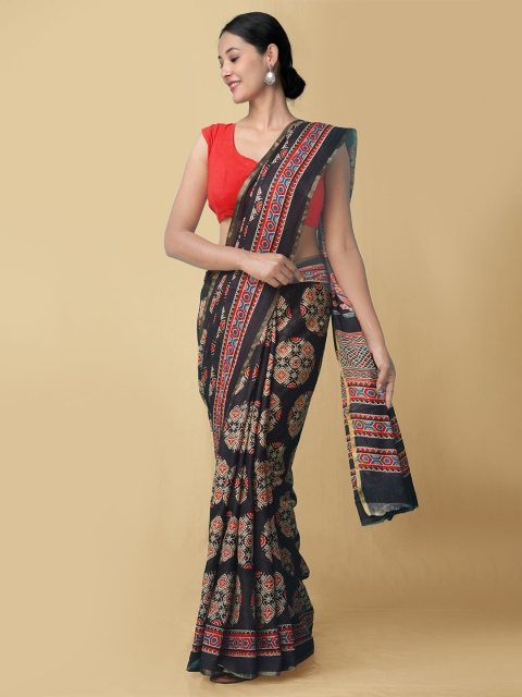 

Unnati Silks Women Black Pure Ajrakh Mulmul Cotton Sustainable Saree