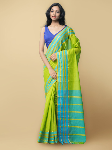 

Unnati Silks Green & Blue Striped Mangalagiri Pure Cotton Saree
