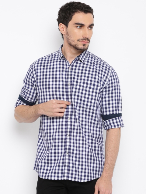 

British Club Men Navy & White Regular Fit Checked Casual Shirt, Navy blue