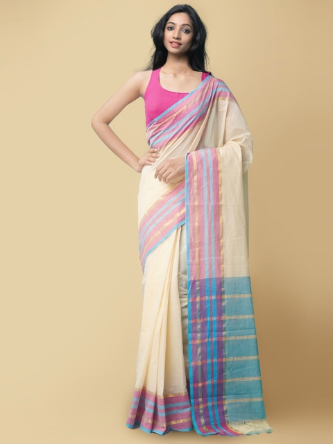 

Unnati Silks Cream-Coloured & Pink Pure Cotton Mangalagiri Saree