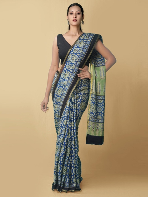 

Unnati Silks Women Blue & White Pure Ajrakh Mulmul Cotton Sustainable Saree