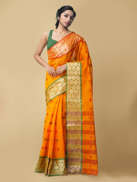 

Unnati Silks Orange & Green Woven Design Pure Bengal Cotton Taant Saree