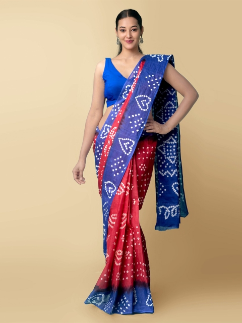 

Unnati Silks Women Maroon & Blue Handloom Pure Bandhani Cotton Sustainable Saree