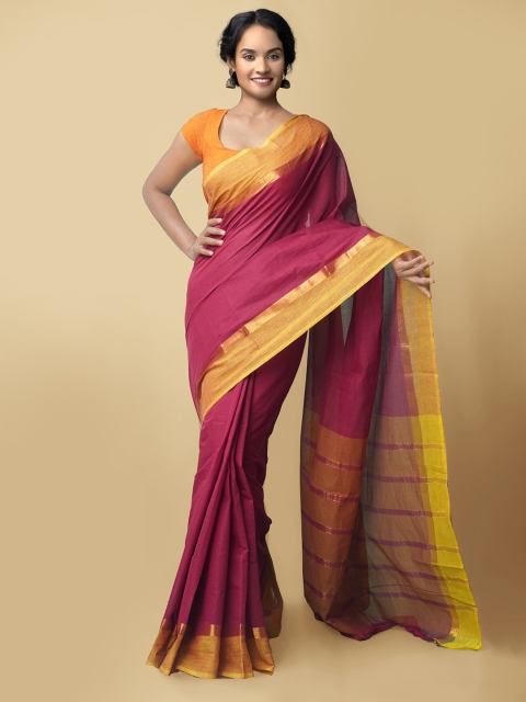 

Unnati Silks Women Maroon & Yellow Pure Pavani Mangalagiri Cotton Sustainable Saree