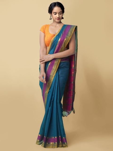 

Unnati Silks Blue & Purple Pure Cotton Mangalagiri Saree