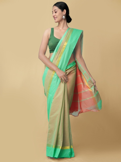 

Unnati Silks Women Green & Orange Pure Pavani Mangalagiri Cotton Sustainable Saree
