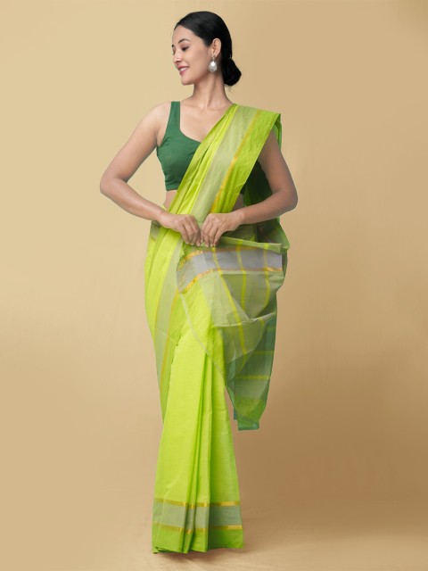 

Unnati Silks Women Fluorescent Green & Gold-Toned Pure Pavani Mangalagiri Cotton Sustainable Saree
