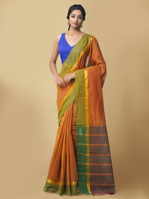 

Unnati Silks Women Orange & Green Pure Pavani Mangalagiri Cotton Sustainable Saree