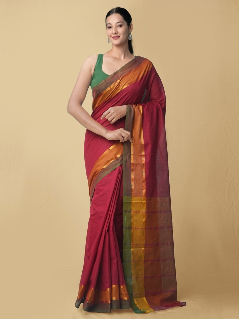 

Unnati Silks Maroon & Gold-Toned Striped Pure Cotton Mangalagiri Saree