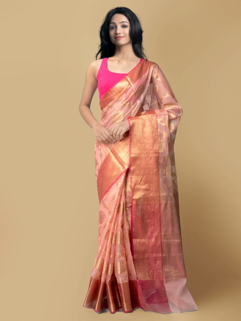 

Unnati Silks Peach-Coloured & Gold-Coloured Floral Zari Silk Cotton Kota Banarasi Saree