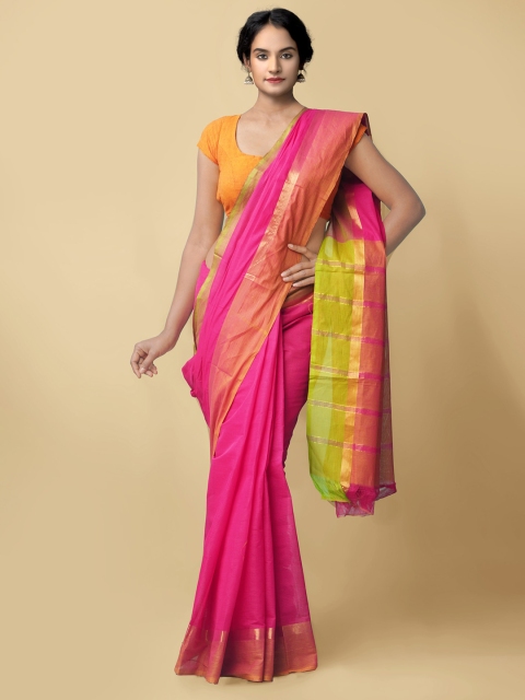 

Unnati Silks Pink & Green Striped Zari Mangalagiri Pure Cotton Saree