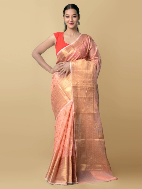 

Unnati Silks Women Peach-Coloured & Gold Pure Kota Banarasi Sustainable Saree
