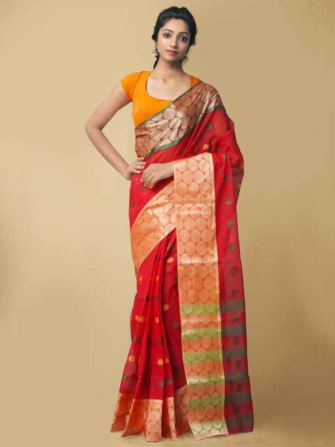 

Unnati Silks Red & Green Woven Design Zari Pure Cotton Taant Saree