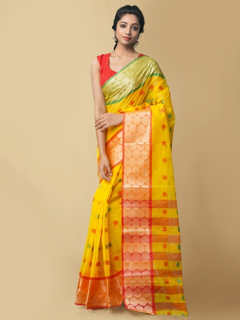 

Unnati Silks Yellow & Red Woven Design Pure Cotton Taant Saree