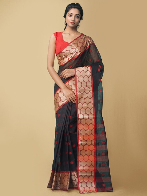 

Unnati Silks Black & Red Woven Design Pure Bengal Cotton Taant Saree