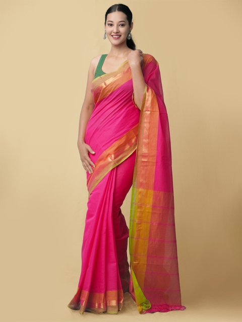 

Unnati Silks Pink & Green Striped Zari Pure Cotton Pavani Mangalagiri Saree