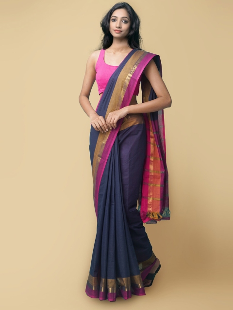

Unnati Silks Blue & Pink Striped Pure Cotton Pavani Mangalagiri Saree, Navy blue