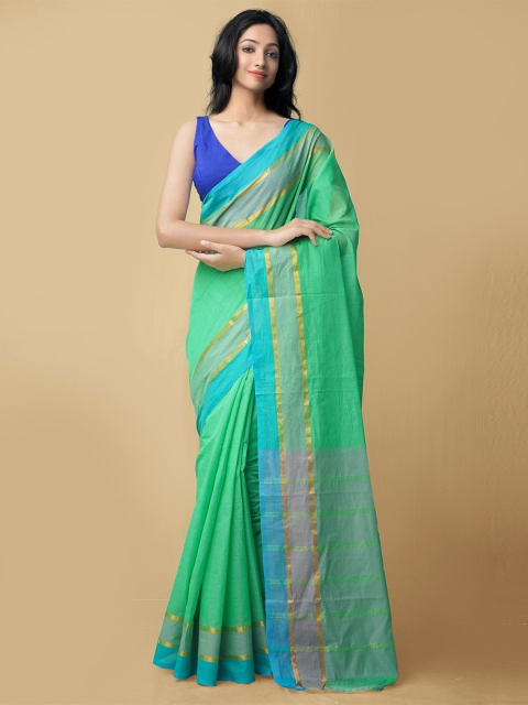 

Unnati Silks Green & Gold Striped Pure Cotton Mangalagiri Saree