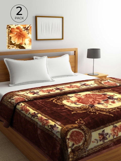 

KLOTTHE Green & Brown Set of 2 Floral Heavy Winter Double Bed Blanket