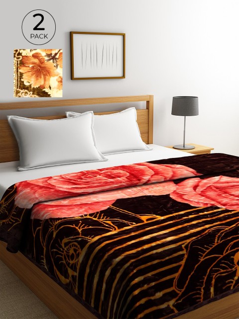 

KLOTTHE Brown & Green Set of 2 Floral Heavy Winter Double Bed Blankets