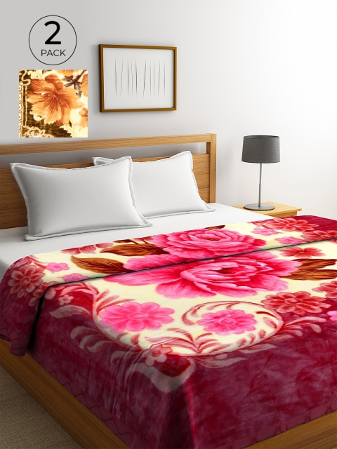 

KLOTTHE Pink & Green Set Of 2 Floral Wool Heavy Winter 800 GSM Double Bed Blanket