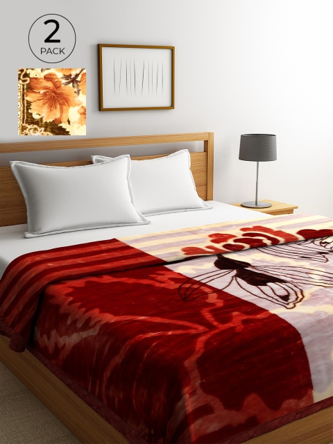

KLOTTHE Red & Green Set of 2 Floral Heavy Winter Double Bed Blanket