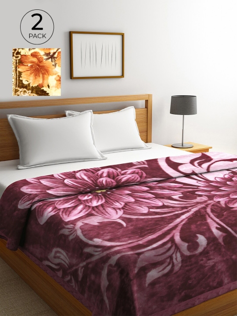

KLOTTHE Purple & Beige Set of 2 Floral Heavy Winter Double Bed Blanket