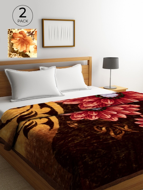 

KLOTTHE Green & Brown Set of 2 Floral Heavy Winter Double Bed Blanket