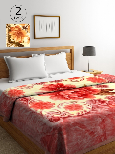 

KLOTTHE Red & Green Set of 2 Floral Heavy Winter 800 GSM Woolen Double Bed Blanket