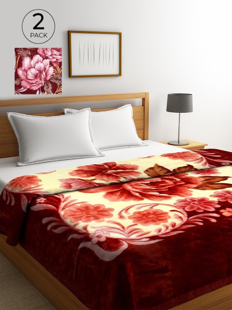 

KLOTTHE Red & Pink Set of 2 Floral Heavy Winter Double Bed Blanket