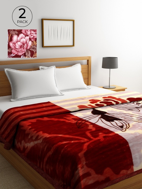 

KLOTTHE Red & Pink Set of 2 Floral Heavy Winter Double Bed Blanket