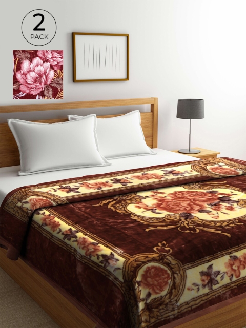 

KLOTTHE Red & Brown Set of 2 Floral Heavy Winter 800 GSM Woolen Double Bed Blanket
