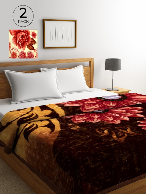 

KLOTTHE Brown & Maroon Set of 2 Floral Heavy Winter Double Bed Blankets