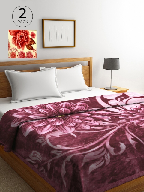 

KLOTTHE Red & Purple Set Of 2 Floral Wool Heavy Winter 800 GSM Double Bed Blanket