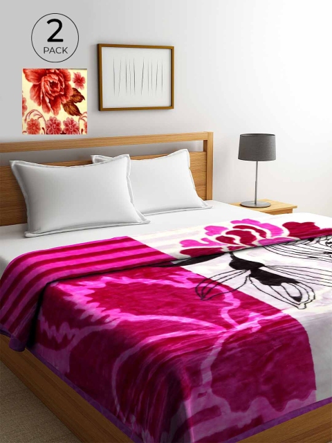 

KLOTTHE Set of 2 800 GSM Multi Printed Double Bed Blanket, Fuchsia