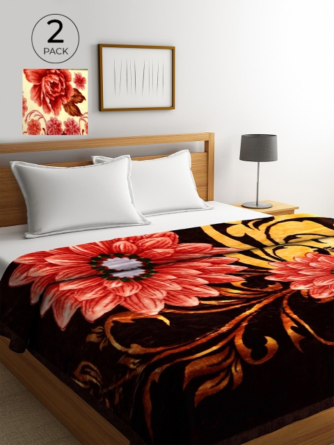 

KLOTTHE Brown & Maroon Set of 2 Floral Heavy Winter Double Bed Blanket