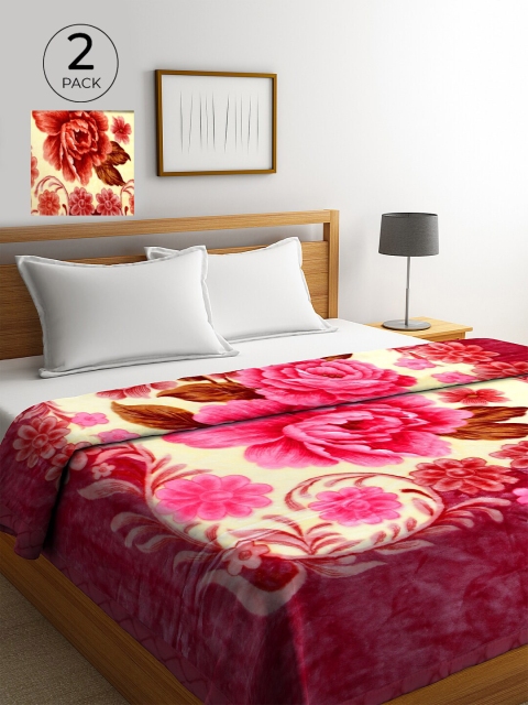 

KLOTTHE Red & Pink Set of 2 Floral Heavy Winter Double Bed Blanket