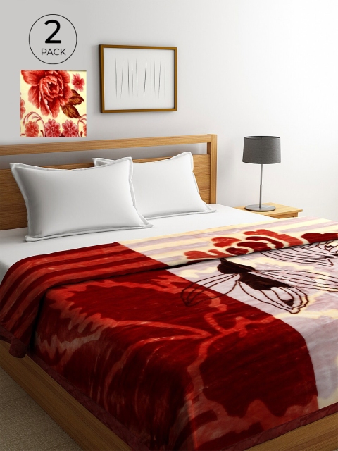 

KLOTTHE Maroon & Cream-Coloured Set of 2 Floral Heavy Winter Double Bed Blanket
