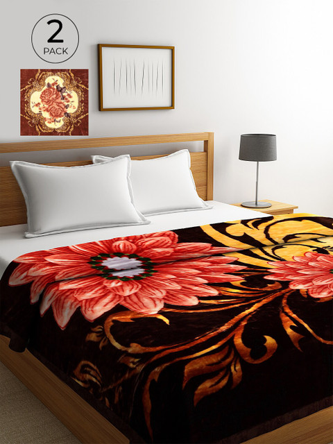 

KLOTTHE Black & Brown Set of 2 Floral Heavy Winter Double Bed Blankets