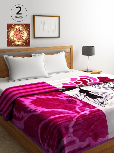 

KLOTTHE Fuchsia & White Set of 2 Floral Heavy Winter Double Bed Blanket