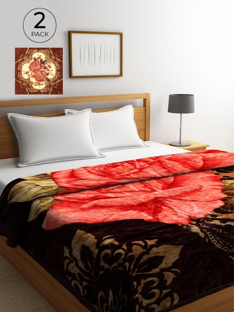 KLOTTHE Brown & Peach-Coloured Set of 2 Floral Heavy Winter Double Bed Blanket
