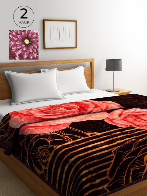 

KLOTTHE Black & Magenta Set of 2 Floral Heavy Winter Double Bed Blanket