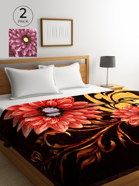 KLOTTHE Set of 2 Multicoloured Floral Wool 800 GSM Heavy Winter Double Bed Blanket, Multi