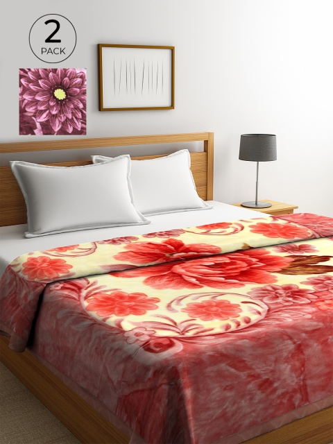 

KLOTTHE Pink & Beige Set of 2 Floral Heavy Winter 800 GSM Woolen Double Bed Blanket