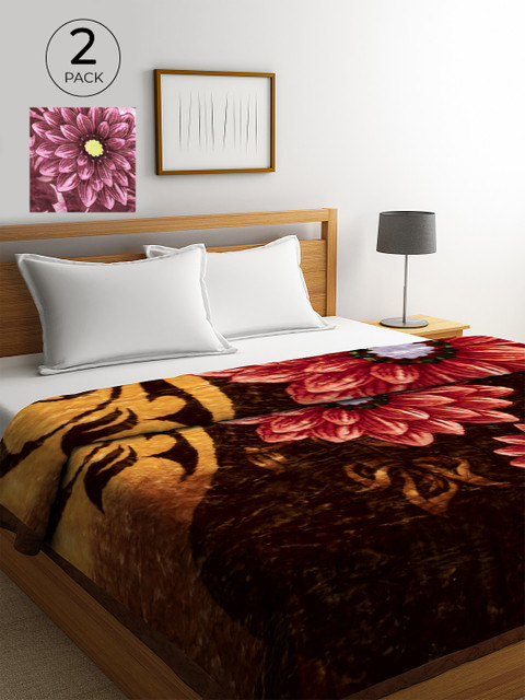 

KLOTTHE Brown & Purple Set of 2 Floral Heavy Winter Double Bed Blankets