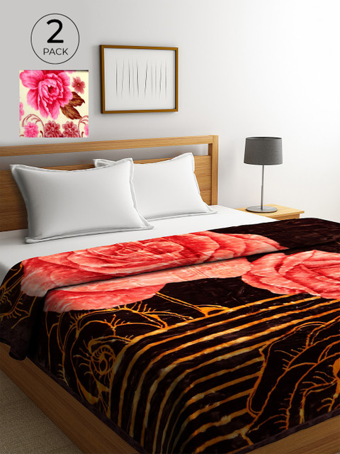 

KLOTTHE Black & Pink Set of 2 Floral Heavy Winter Double Bed Blanket